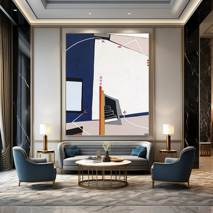 “Geometric Abstract with Blue, White, and Red Elements” - Architectural - Inspired Painting On Canvas DKH1106