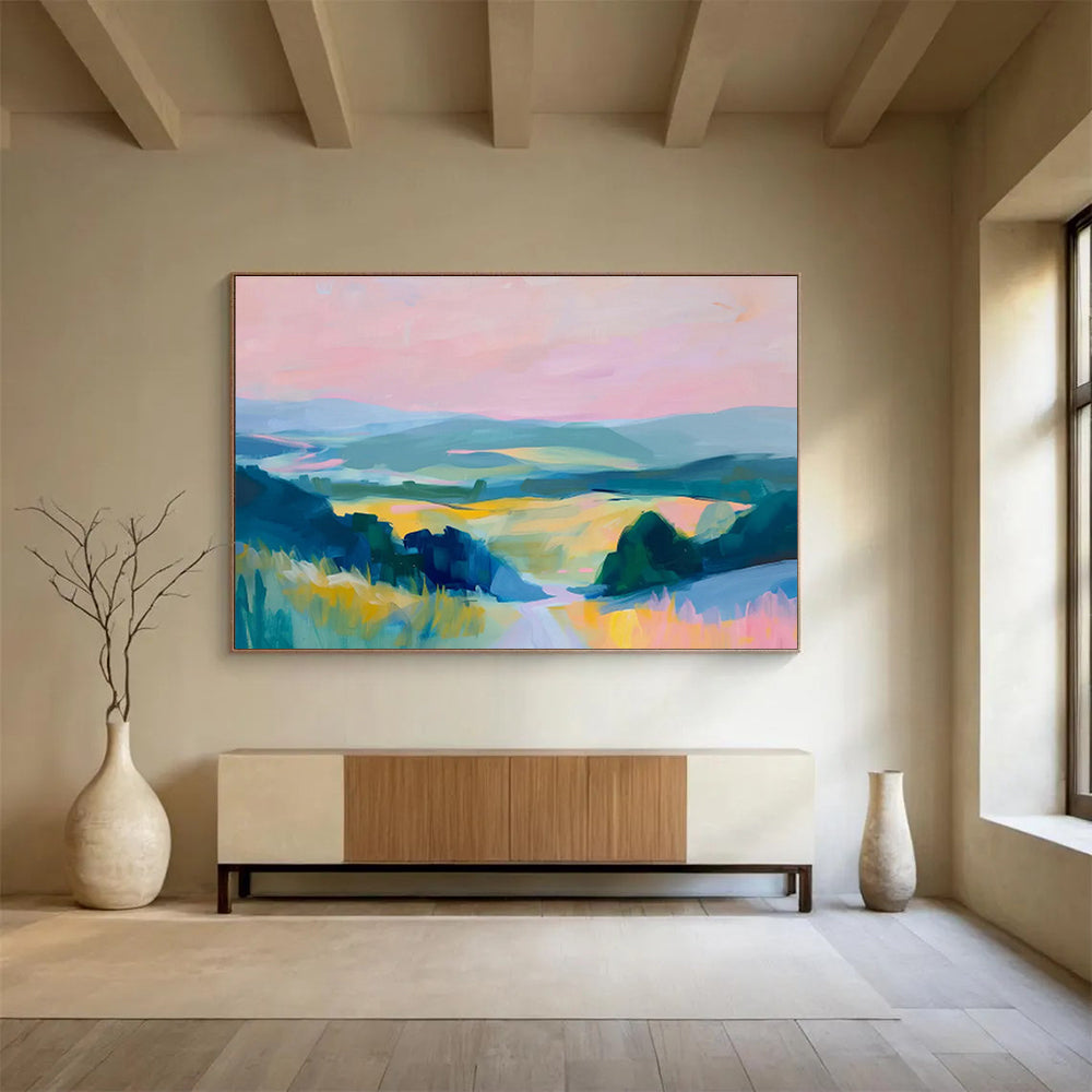 Vibrant Valley Vista Pink Blue Green Landscape Painting On Canvas DKH210
