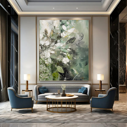 “Green - Toned Floral Abstraction” - Soft Flower Bouquet Painting On Canvas DKH1086