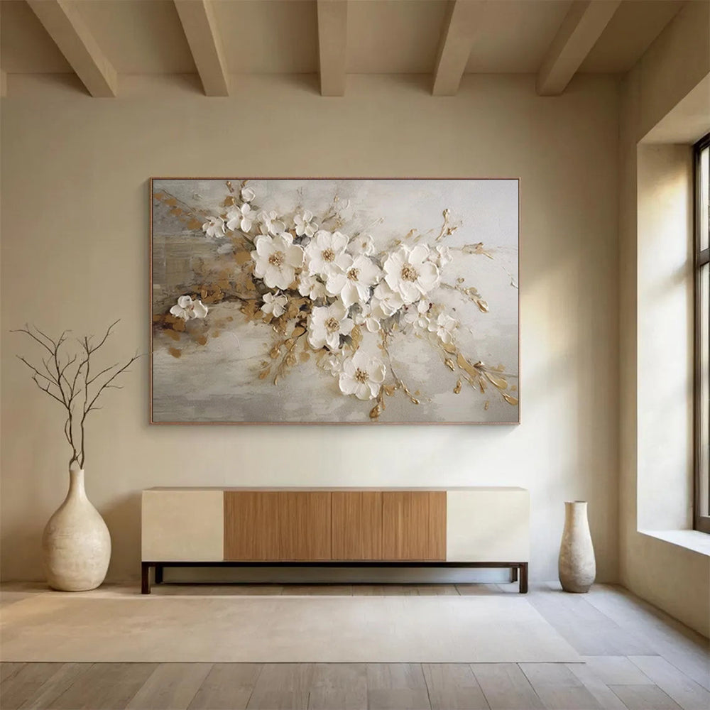 White Flowers with Gold Accents Textured Painting On Canvas DKH250