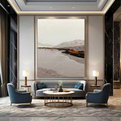“Gray, Orange Textured Landscape ‘Misty Valley’” - Impasto Landscape Painting On Canvas DTP401