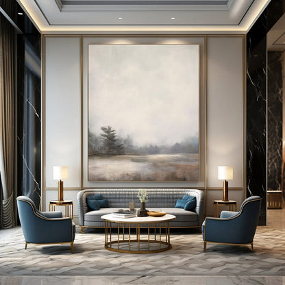 “Lonely Pine in Mist” – Impressionistic Landscape Oil Painting with Gray and Beige Hues CT2058