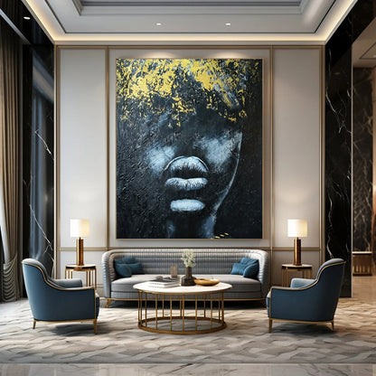 “Textured Black and Gold Portrait” – Abstract Impasto Portrait Painting On Canvas CT2153