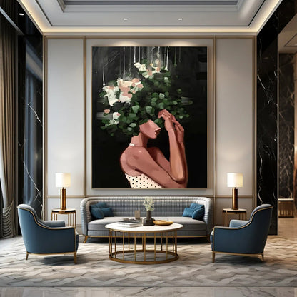 “Black, Green, White Floral Head ‘Botanical Elegance’” - Figurative Flower Painting On Canvas DTP323