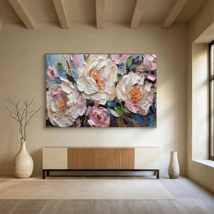 Textured Peony Blooms - Pink, White & Blue Floral Painting On Canvas DKH891