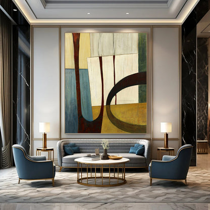 “Geometric Shapes in Earth Tones” - Brown, Beige & Blue Cubist - Inspired Painting On Canvas DKH0949