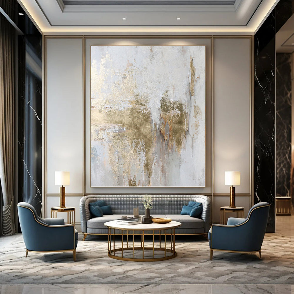 “White & Gold Abstract Textures” - White, Gold & Gray Minimalist Painting On Canvas DKH1006