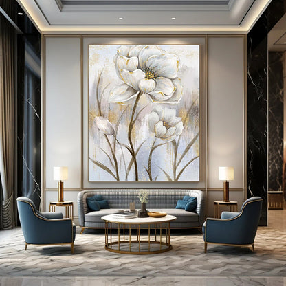 “Elegant White Blossoms: Gold - Accented Floral Art” - Mixed - Media on Canvas CT1906