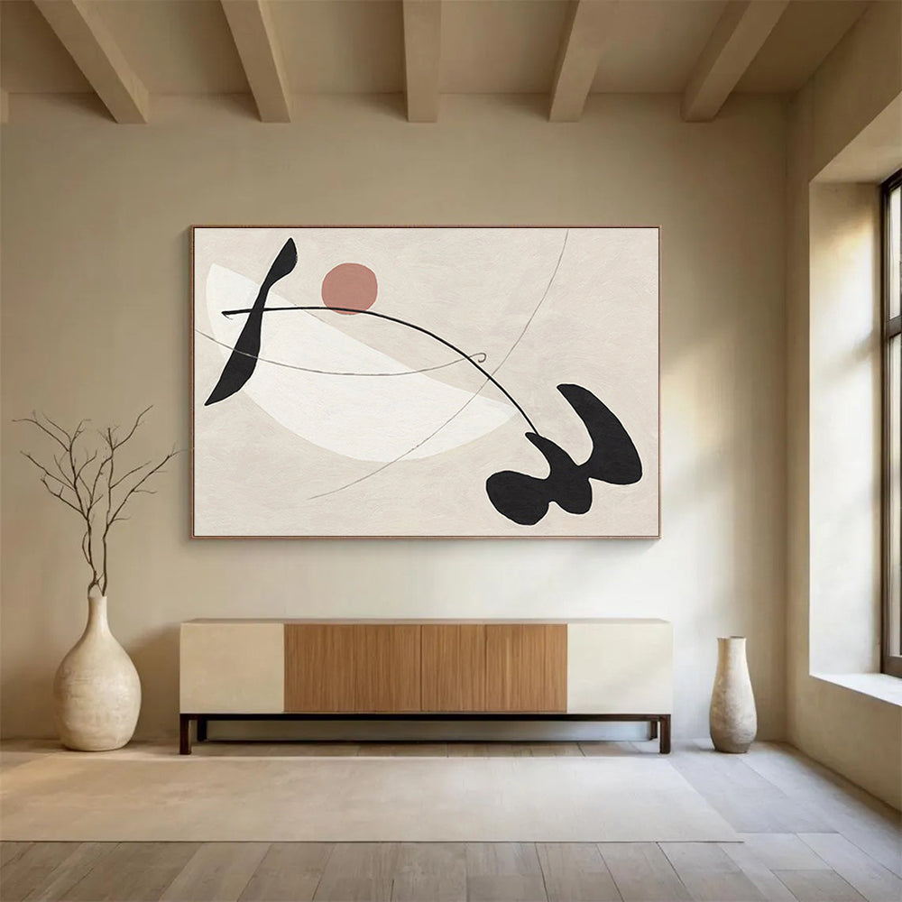 “Curved Shapes in Neutral Tones” - Black, White, Pink Minimalist Abstract Painting On Canvas DKH738