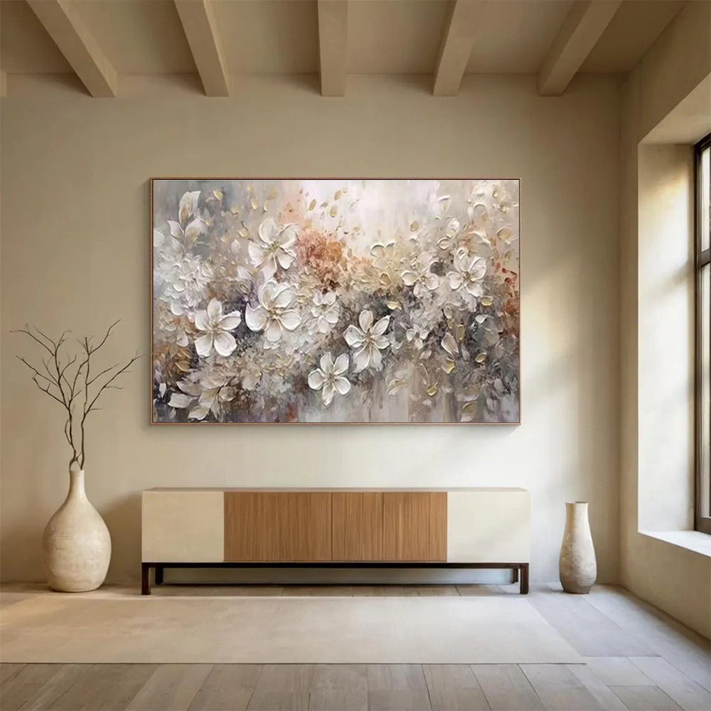 “Neutral Floral Impasto”：Textured Beige Flower Painting On Canvas DKH259