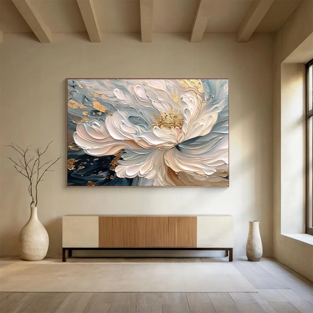Elegant White - Gold Floral Painting On Canvas DKH682