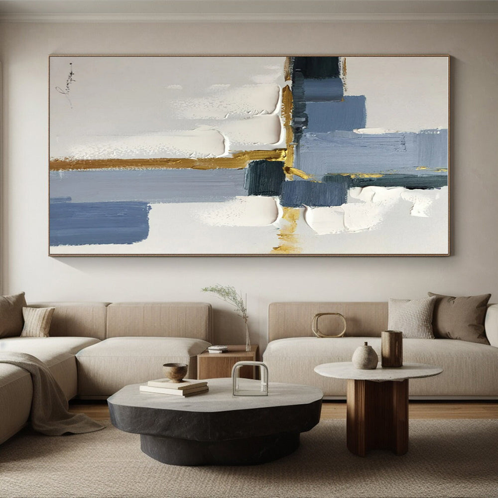 “Blue - White - Gold Geometric Abstraction” ，Abstract Acrylic Painting CT0805