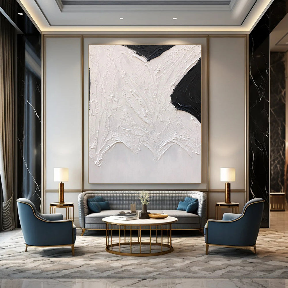 “Black, White Textured Shapes ‘Abstract Wings’” - Impasto Abstract Painting On Canvas DTP405