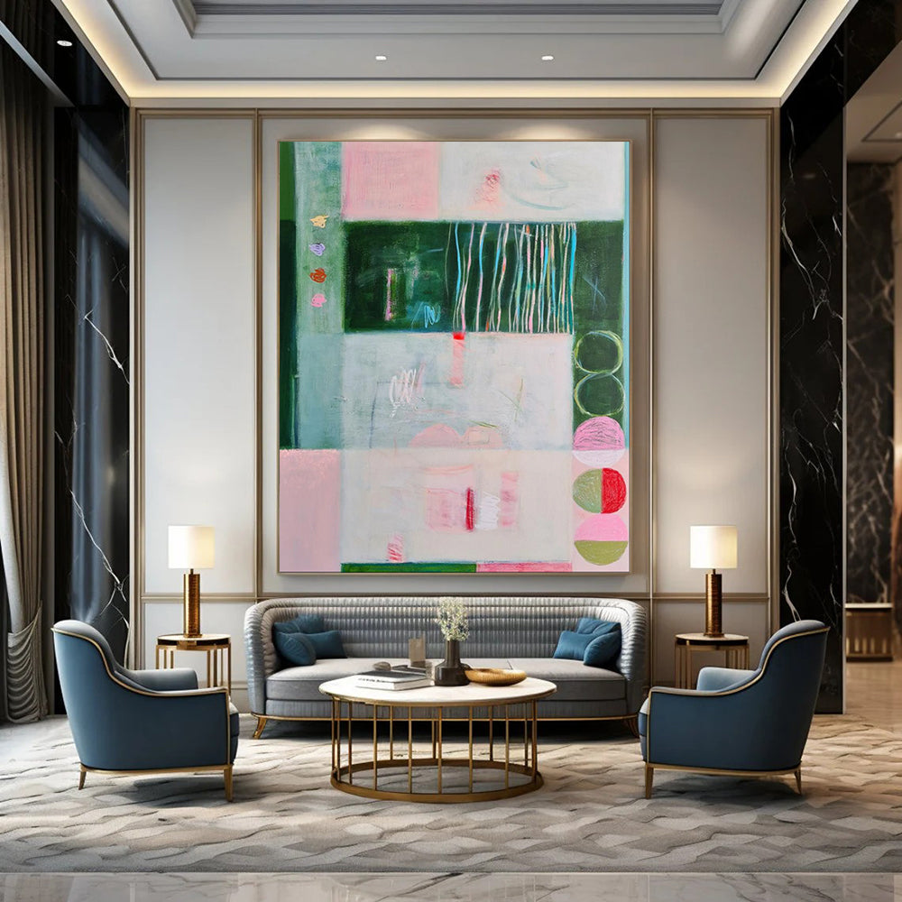 Pink, Green, Geometric Forms - "Soft Structure" - Abstract Geometric Painting CT1852