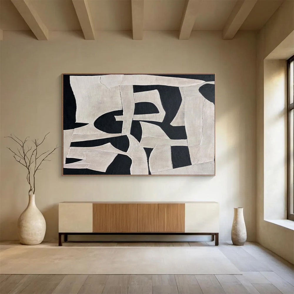 Black and White Geometric Abstract “Dynamic Shape Interplay” Painting On Canvas DKH091
