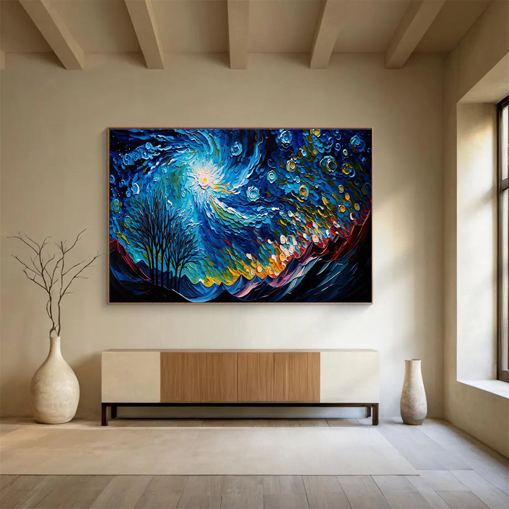 Swirling Starry Night - Blue, Yellow & White Abstract Sky Painting On Canvas DKH885