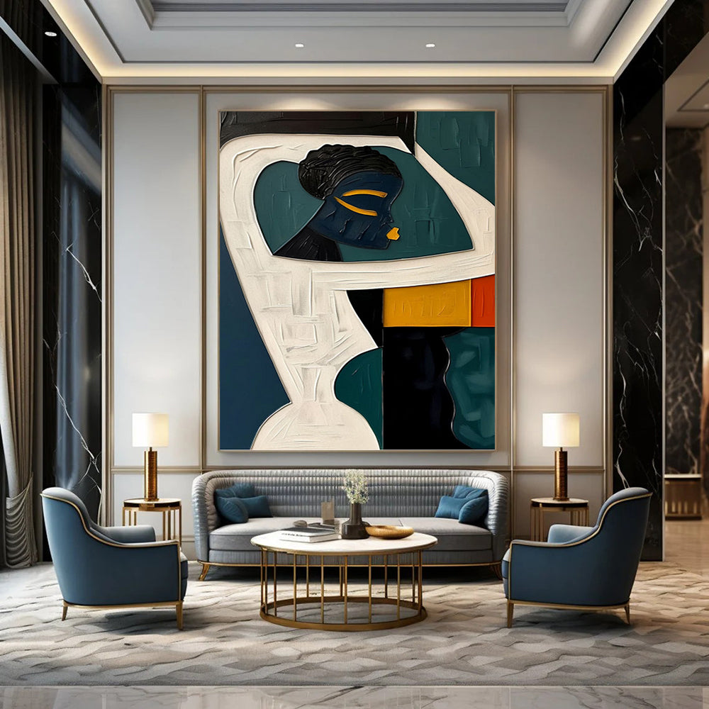 Cubist Figurative Art with Contrasting Colors - Figurative Painting On Canvas DKH1471