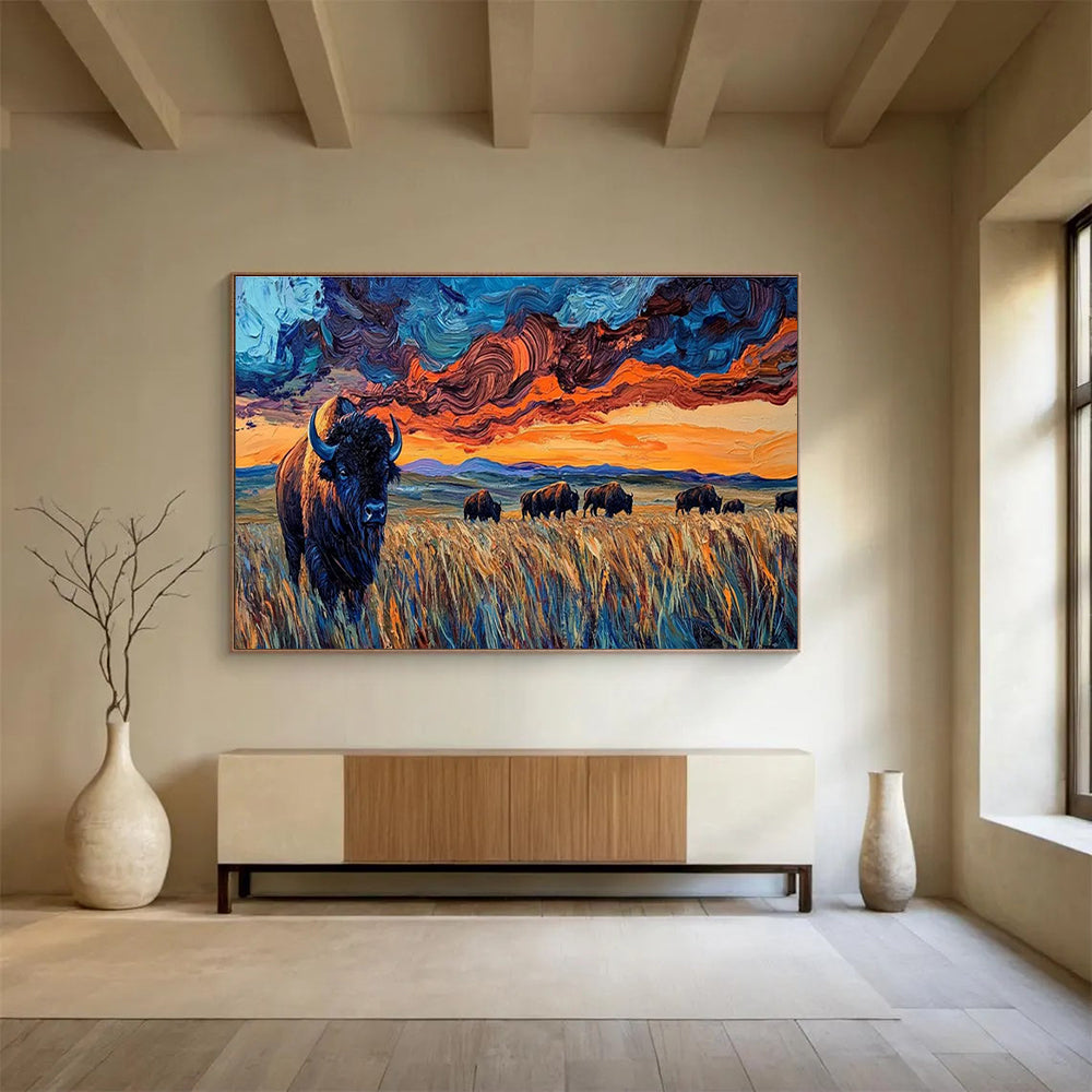 “Swirling Sky Bison Herd” - Dynamic Wildlife Painting On Canvas DKH806