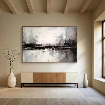 Black and White Abstract Landscape “Moody Monochrome Horizon” Painting On Canvas DKH153