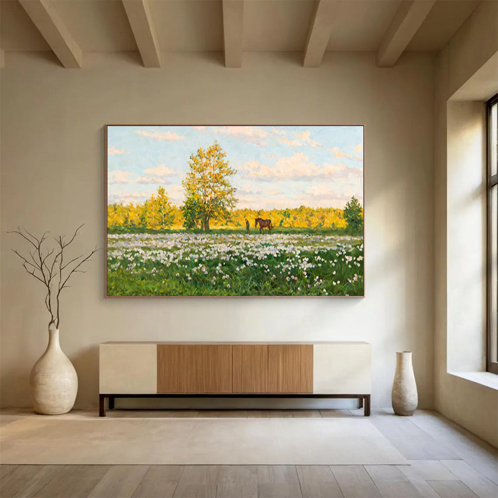 Meadow with Horse and Figure - Realist Landscape Painting On Canvas DLZ216