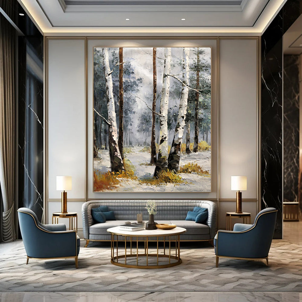 Snowy Birch Forest in Gray and White - Landscape Painting On Canvas DKH1276