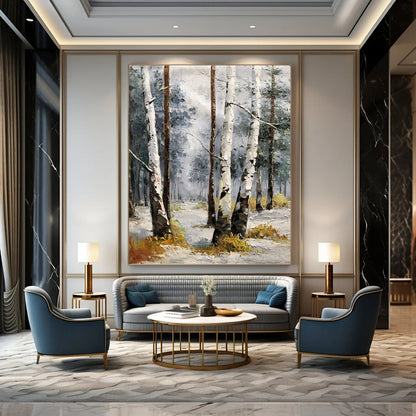 Snowy Birch Forest in Gray and White - Landscape Painting On Canvas DKH1276