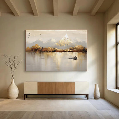 Neutral - Toned Landscape “Serene Mountain Reflection” Painting On Canvas DKH158