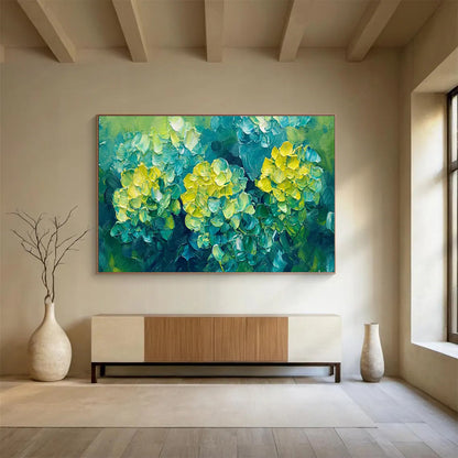 “Impasto Yellow Flowers on Green” - Fresh Botanical Painting On Canvas DKH799