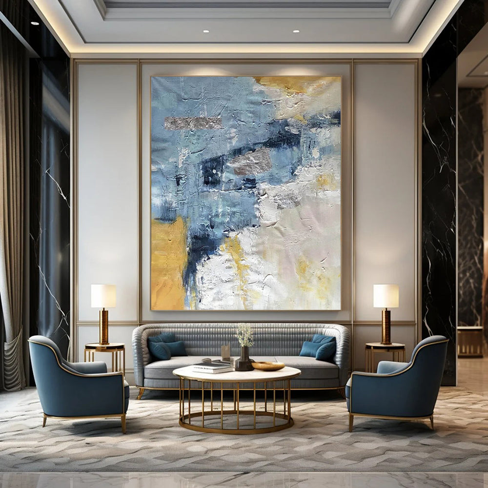 “Textured Blue - Gold Abstract” - Blue, Gold, Gray Abstract Painting On Canvas DTP255