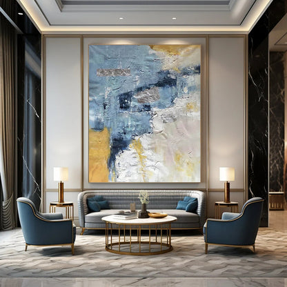 “Textured Blue - Gold Abstract” - Blue, Gold, Gray Abstract Painting On Canvas DTP255