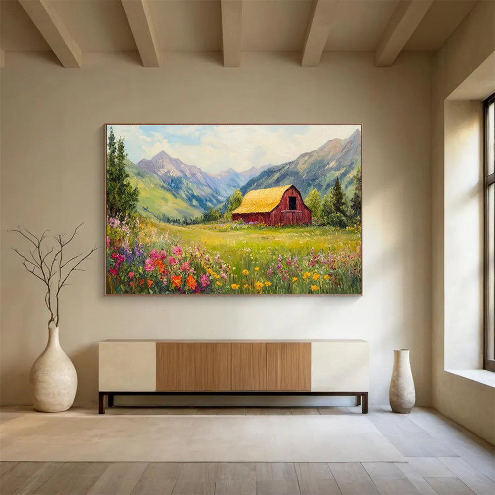 “Mountain Barn Paradise” - Green, Yellow, Pink Landscape Oil Painting On Canvas DKH727
