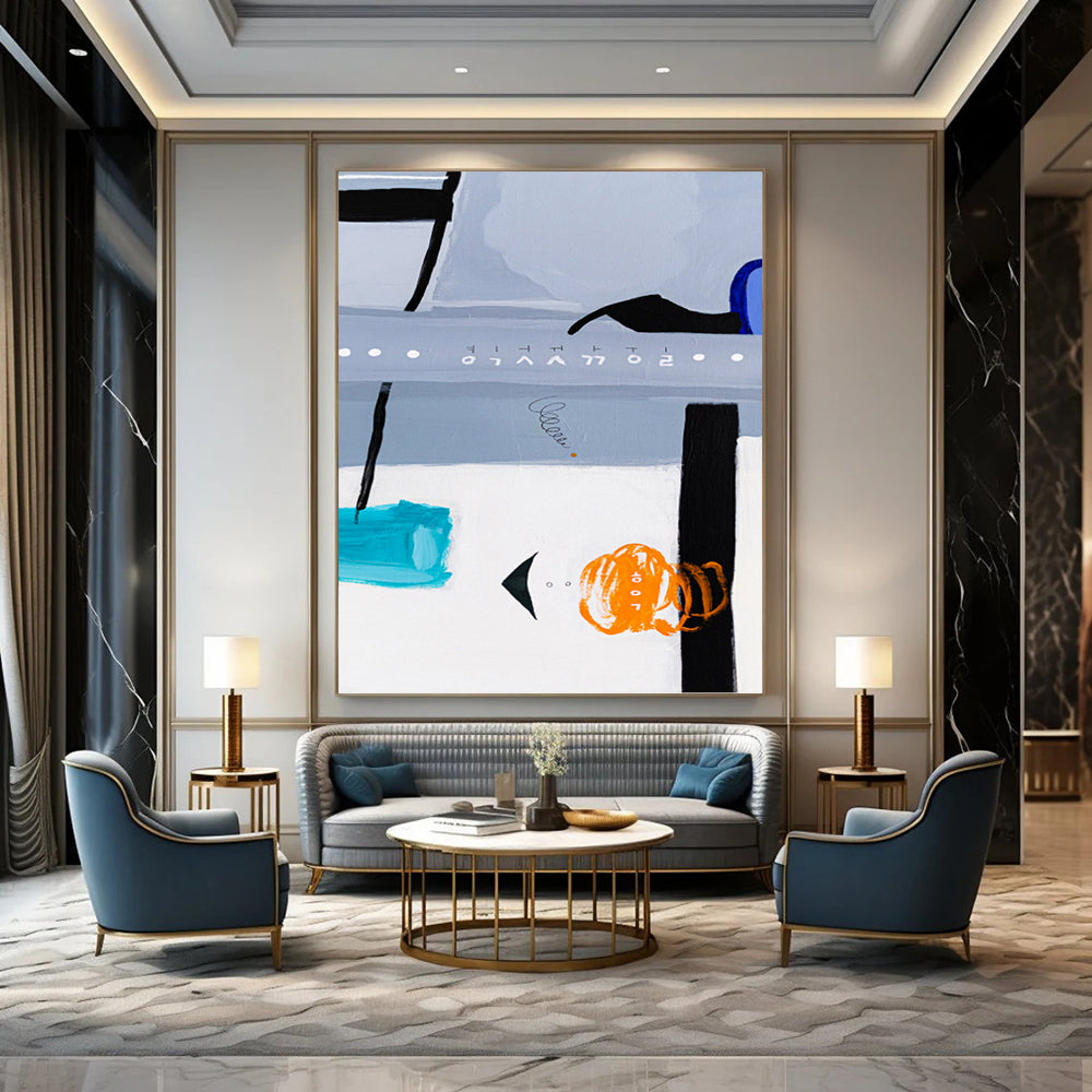 “Gray and Blue Abstract with Orange and Teal Elements” - Eclectic Abstract Painting On Canvas DKH1099