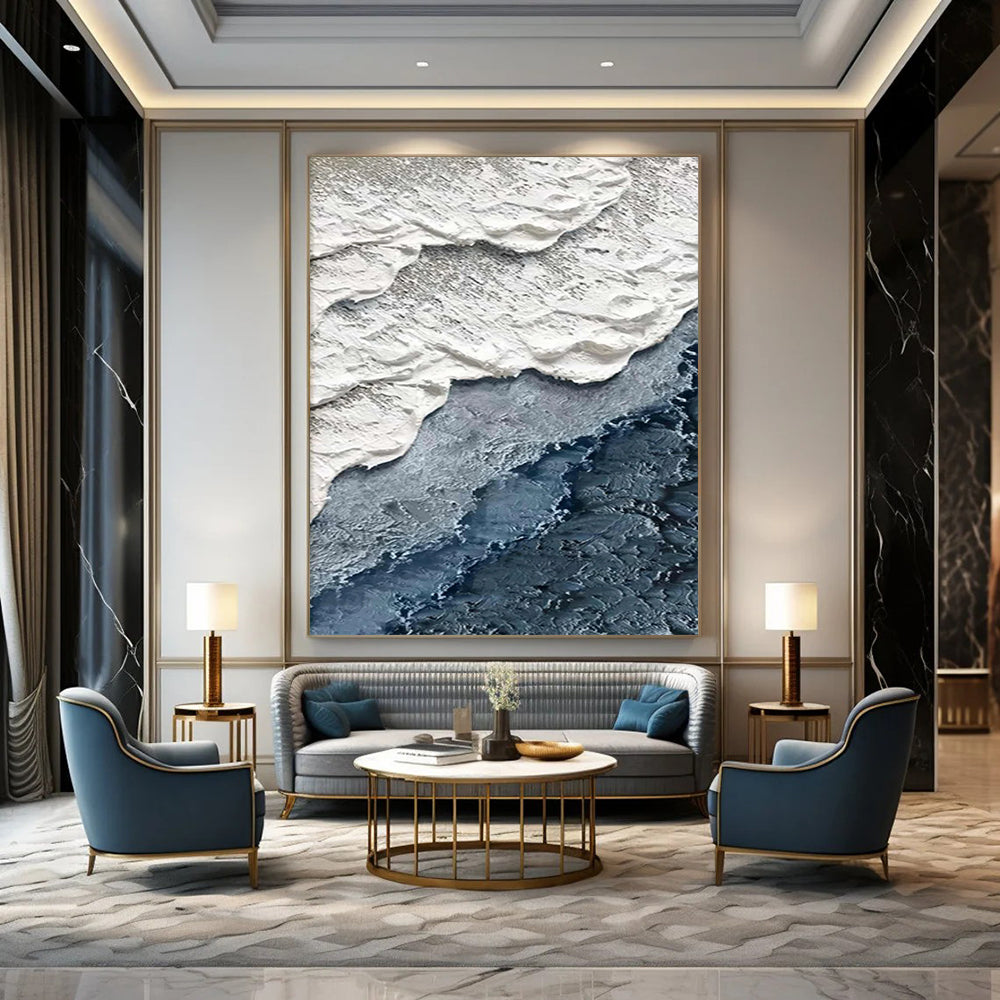“White, Gray, Blue Textured Shore ‘Coastal Layers’” - Impasto Sea & Sand Painting On Canvas DTP325