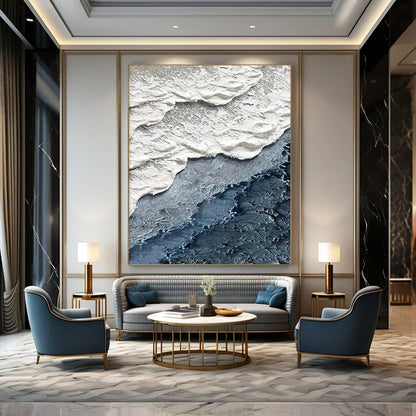 “White, Gray, Blue Textured Shore ‘Coastal Layers’” - Impasto Sea & Sand Painting On Canvas DTP325