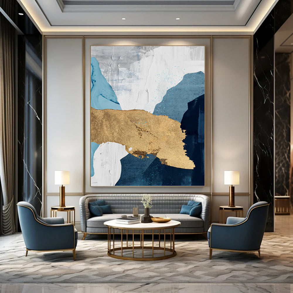 “Elegant Layers” - Blue, White, Gray & Gold Abstract Shapes Painting On Canvas DKH1527