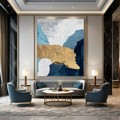 “Elegant Layers” - Blue, White, Gray & Gold Abstract Shapes Painting On Canvas DKH1527