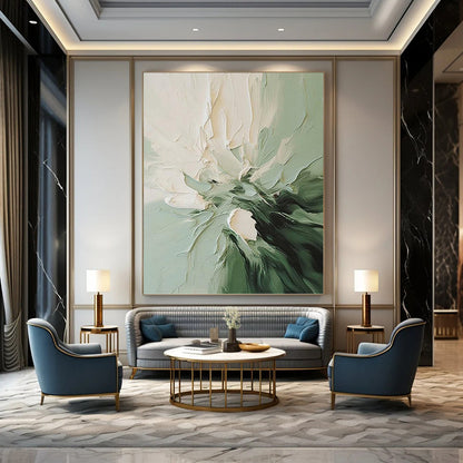 “Green & White Floral Impasto” - Green & White Textured Flower Painting On Canvas DKH1185