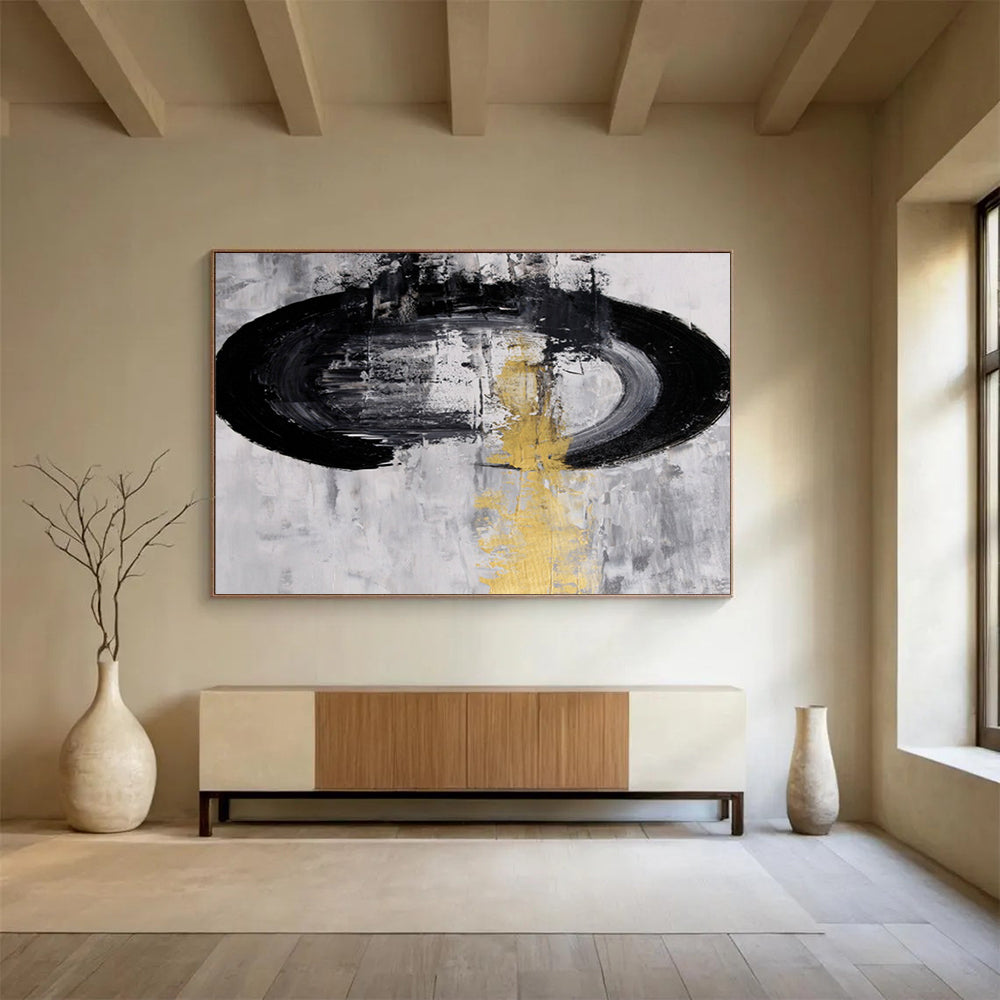 “Minimalist Black and Gold - Abstract Shapes on White” Painting On Canvas DKH016