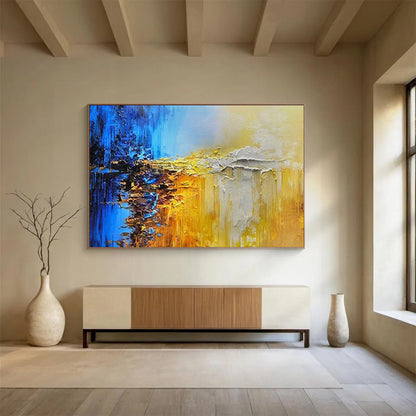 Blue, Yellow, and Gray Abstract - Textured Landscape Painting On Canvas DLZ179