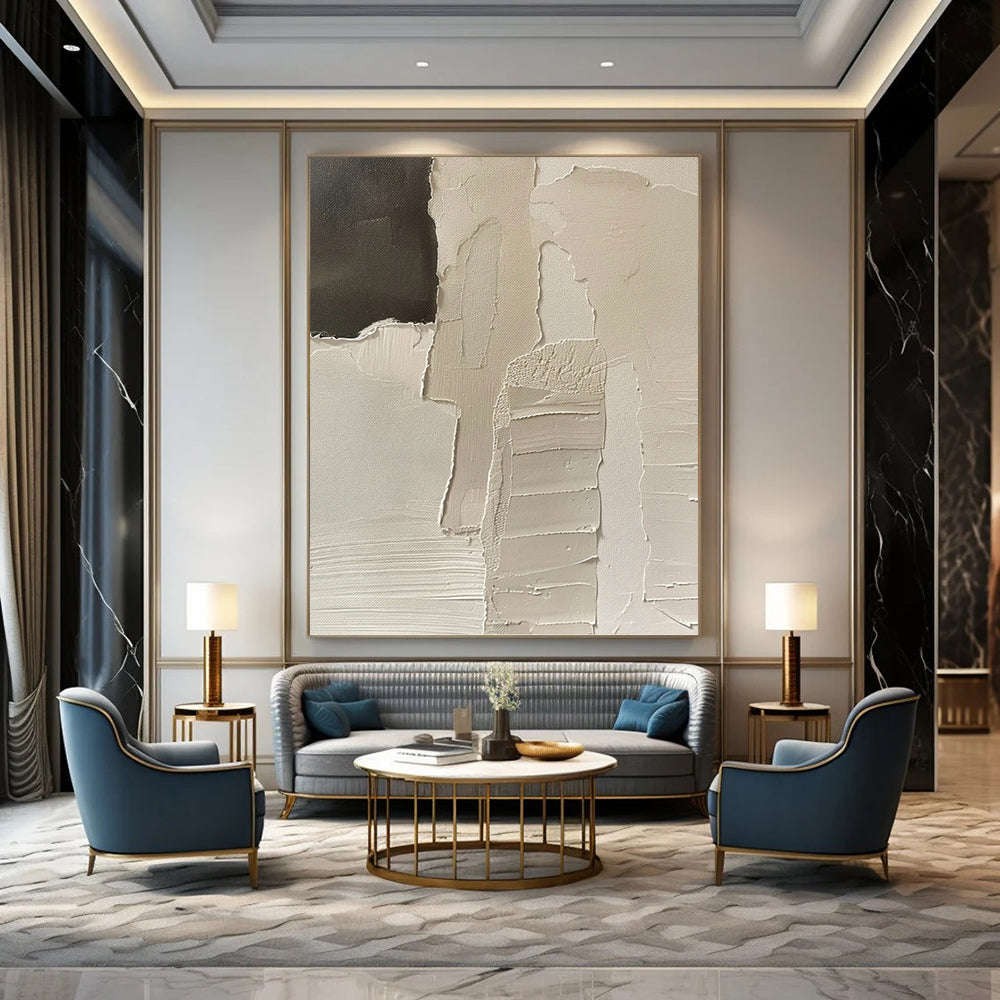 “White Fragmented Story” - White & Black Textured Shapes Painting On Canvas DKH1162