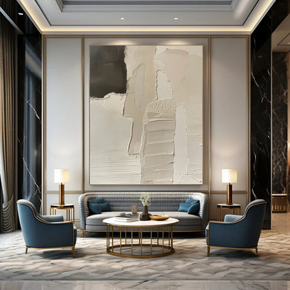 “White Fragmented Story” - White & Black Textured Shapes Painting On Canvas DKH1162