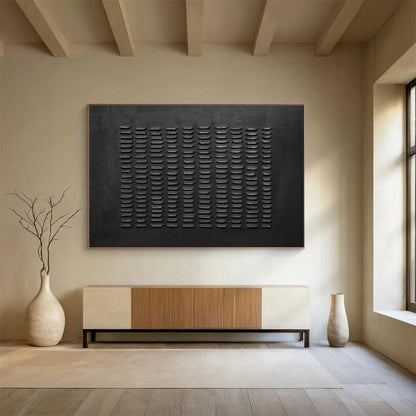 Textured Black Abstract “Tactile Black Grid” Painting On Canvas DKH089