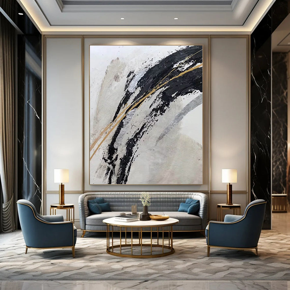 “Black, Gold, and Silver Swirls” - Black, Gold, Silver, White Abstract Painting On Canvas DTP249