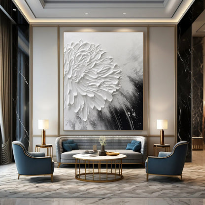 “3D White Flower on Monochrome” – Textured Floral Painting On Canvas CT2105