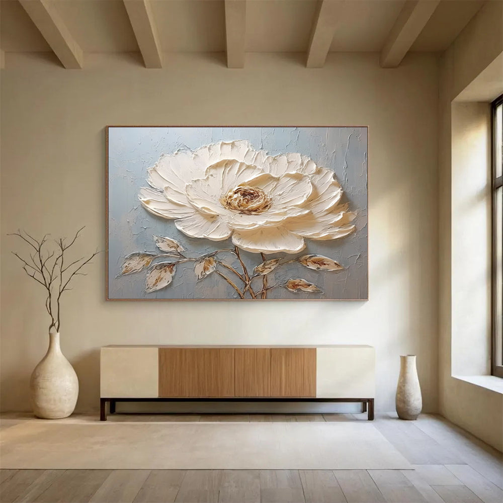 Single White Textured Flower - Impasto Botanical Painting On Canvas DLZ175