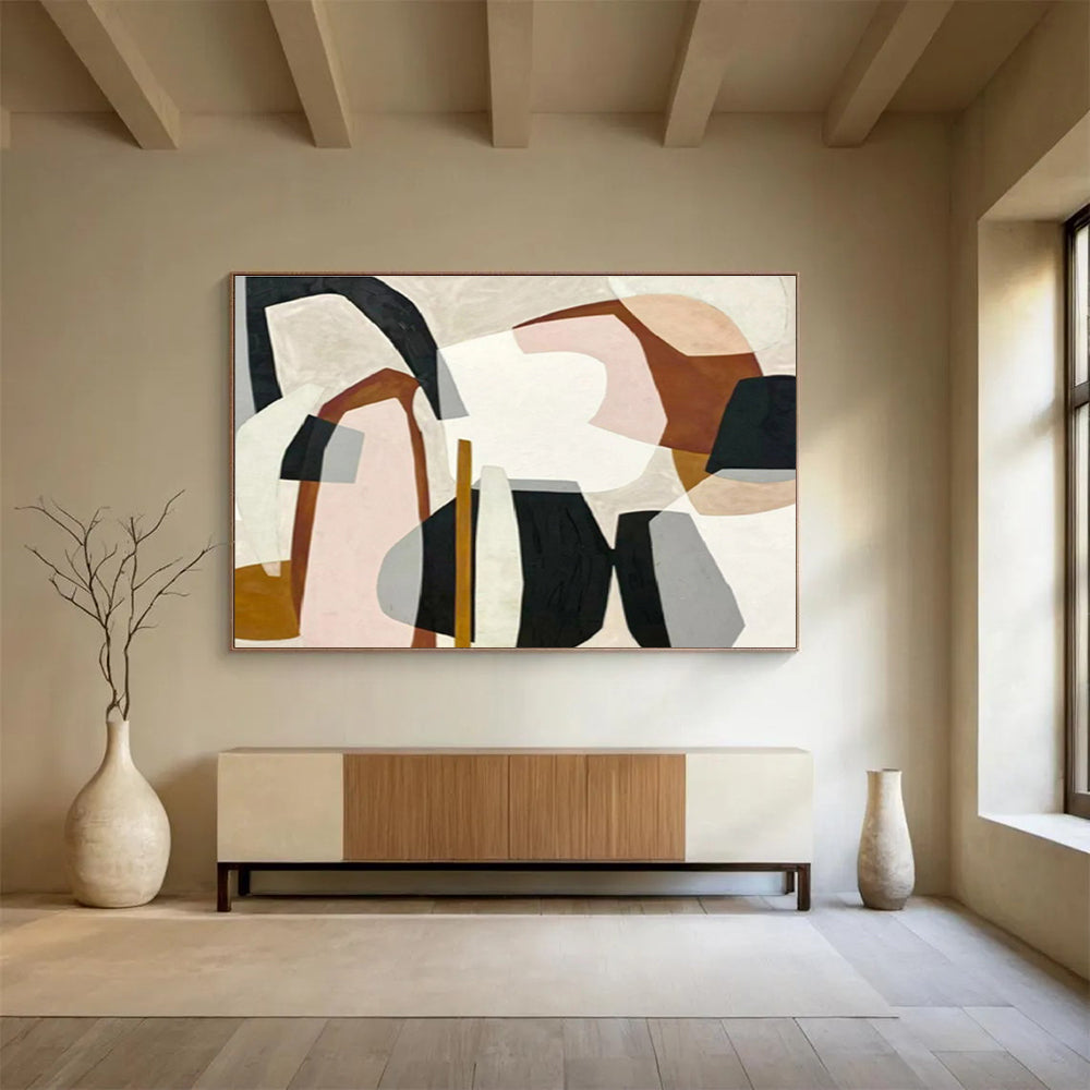 Soft - Toned Abstract Shapes with Beige, Pink, and Black, Minimalist Geometric Painting On Canvas DKH581