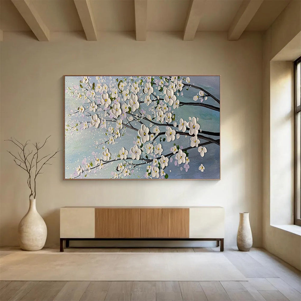 White Blossom Tree - White, Pink & Blue Floral Painting On Canvas DKH887