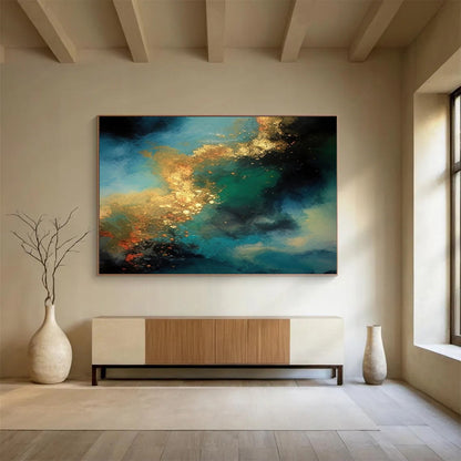 “Blue - Green With Gold Swirls” Abstract Painting On Canvas DLZ072