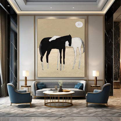 Minimalist Black and White Horses - Abstract Equine Painting On Canvas DKH1410