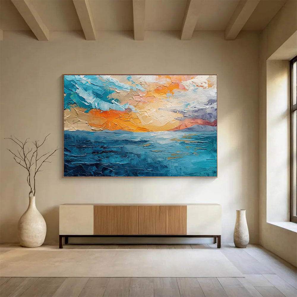 “Textured Seaside Sunset” Impasto Oil Painting On Canvas DKH503